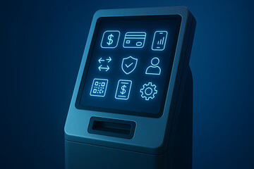 Modern digital ATM touchscreen interface with glowing blue financial icons for money transfer, payment processing, banking security, transaction history, currency exchange and secure online banking op