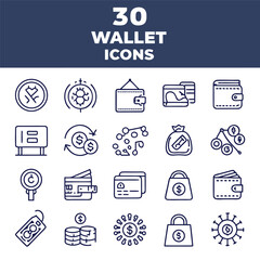 Vector art of collection of wallet icons representing finance, money, and payment isolated on white background