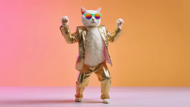 Cat wearing gold party suit and sunglasses striking dance pose