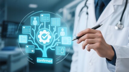 Medical professional interacting with a digital health confirmation interface