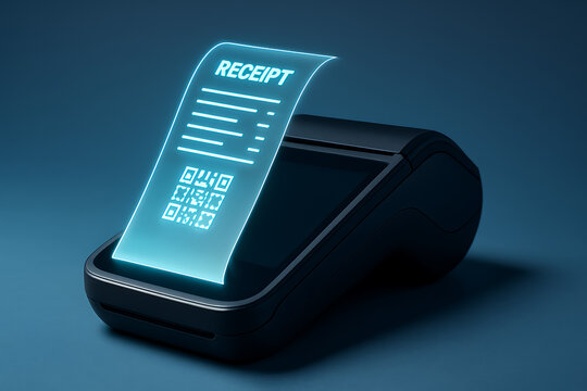 Futuristic digital receipt printer with glowing holographic printout, wireless contactless payment terminal, QR code display, modern POS device, fintech transaction, seamless checkout concept

