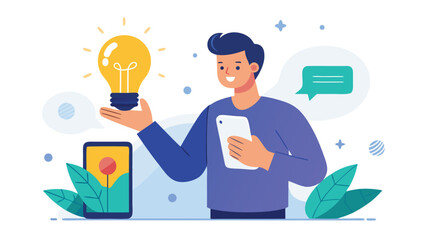 Hands holding a smartphone displaying a glowing light bulb, symbolizing ideas or innovation..eps