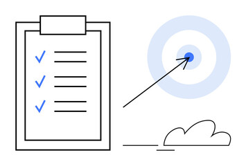 Checklist with marked tasks and arrow hitting a bullseye target signify goal accomplishment, planning, and success. Ideal for productivity, strategy, milestones, targets, prioritization