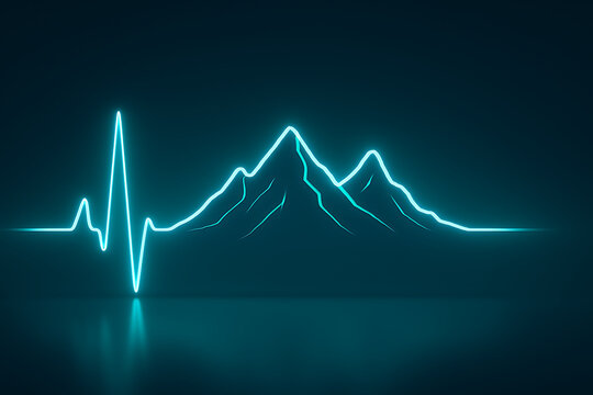 Futuristic heartbeat pulse line forming mountain peaks in glowing neon blue, digital cardiogram landscape concept, medical ECG waveform art blending health monitoring technology with scenic mountain s