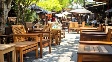 Outdoor furniture market with various wooden sets on display