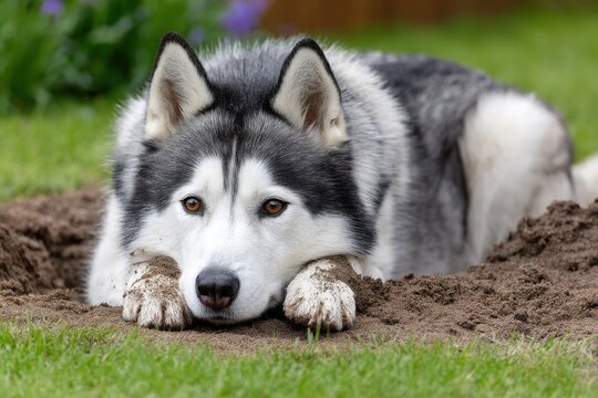 A Husky dog lies in a shallow dirt hole, paws and chin resting on the edge, gazing calmly.