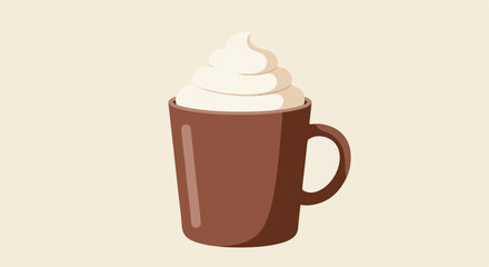 Stylized mug filled with white topping on beige background, digital illustration
