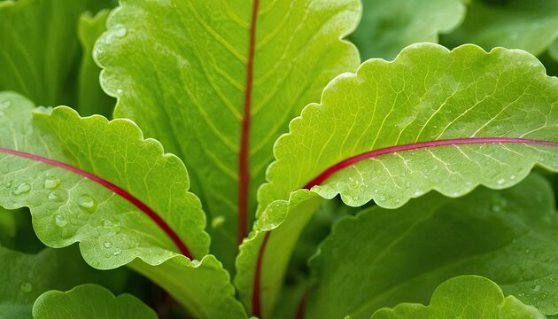 Closeup of Dew Covered Young Green Lettuce Leaves with Red Veins. 4