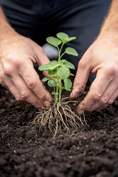 a gardner hands planting a seedling with roots and soil