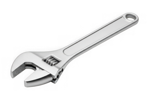 A shiny adjustable wrench isolated on a transparent background