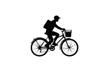 A person wearing a backpack and a cap rides a bicycle with a basket on the front depicted in a striking black silhouette against a clean white background conveying movement and delivery