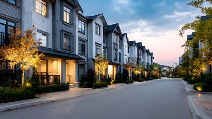 Fototapeta premium Illuminated townhouses lining a peaceful residential street at dusk