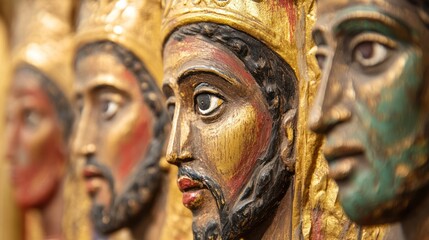 Obraz premium Close-up of antique carved wooden faces, possibly religious figures, showcasing detailed features and painted details in gold and color