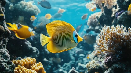 Fototapeta premium Vibrant coral reef teeming with colorful fish. A yellow-and-white fish is the focal point, swimming amidst a profusion of coral and other marine life. 