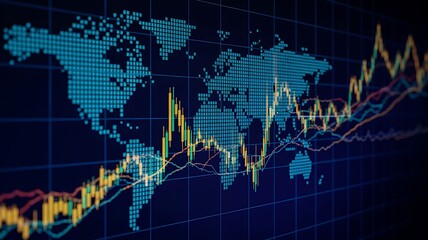 Global financial markets surge with dynamic stock charts and digital world map overlay
