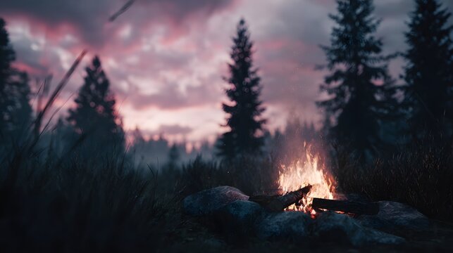 Cozy campfire in a pine forest at dusk with atmospheric lighting - Powered by Adobe