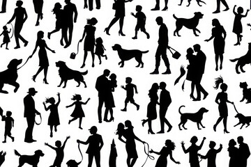 Naklejka premium Pattern of black silhouettes of people and dogs walking and playing together, symbolizing companionship