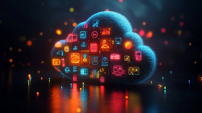 Glowing cloud-shaped digital platform with app icons