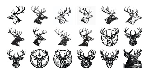 Stunning Stag Heads Monochrome Antler Portraits Black and white illustration, deer head silhouette, majestic antlers, minimalist design, elegant profile, stylized wildlife art, sharp contrast, vector  © RazuArts