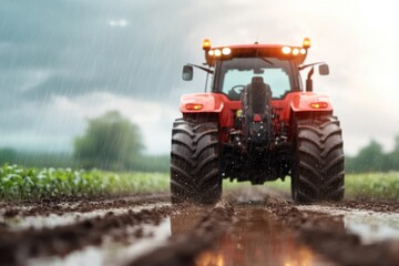 Fototapeta premium a red tractor on plantation field the weather is rainy