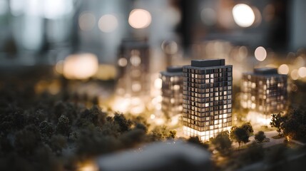 Detailed model of a planned residential high rise development with vibrant lighting