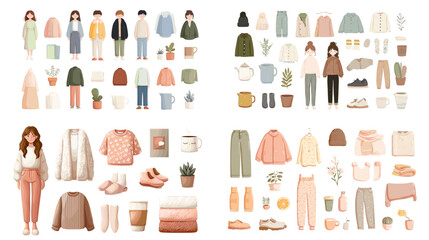 Neutral-tone outfit creator illustration with sweaters, pants, coats, shoes, and accessories. Perfect for autumn fashion, lifestyle design, or digital paper dolls.