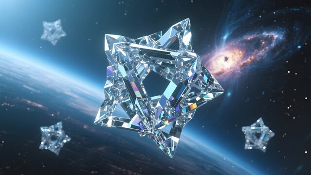 A crystal star structure floating in space above a planet with distant stars and galaxies in the background.