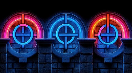 Illuminated arches with glowing symbols on a stone wall.