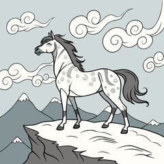 Mountain horse in clouds.



