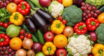 Overhead shot of a colorful variety of fresh vegetables and fruits creating a vibrant and healthy display