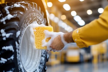Obraz premium hand cleaning tractor tire with sponge and soap in warehouse