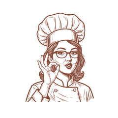 Happy chef with enthusiast expression. Vector illustration for restaurant or cafe menu. Cooking emblem or logo