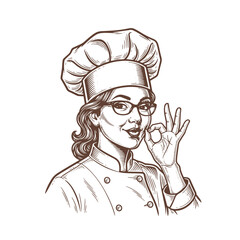 Happy chef with enthusiast expression. Vector illustration for restaurant or cafe menu. Cooking emblem or logo