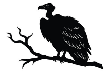 Obraz premium Striking Silhouette Black Vulture Perched Firmly on a Bare Branch, Isolated Against White Background
