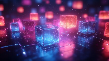 Glowing cubes afloat in a vibrant, futuristic digital space