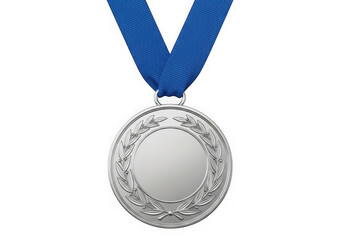 Silver medal with blue ribbon isolated on transparent background