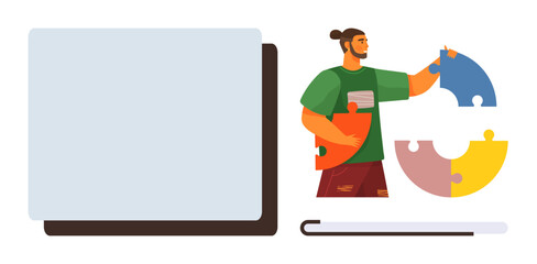 Man holding puzzle pieces while assembling a circular puzzle beside a blank screen. Ideal for problem-solving, teamwork, strategy, innovation, brainstorming, creativity, and education. Simple flat