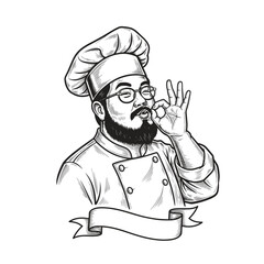 Happy chef with enthusiast expression. Vector illustration for restaurant or cafe menu. Cooking emblem or logo