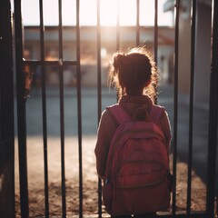 Fototapeta premium Girl with Backpack Looking Through School Gate at Sunset