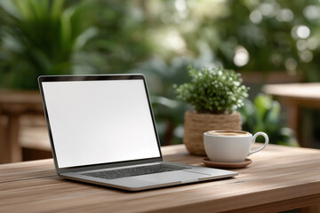 Fototapeta premium Laptop mockup on wooden table, blank screen, modern workspace with coffee cup and plant