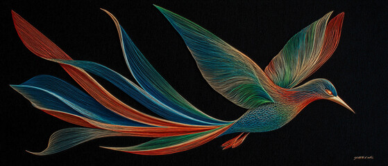 Vibrant hummingbird with intricate patterns in flight against black background
