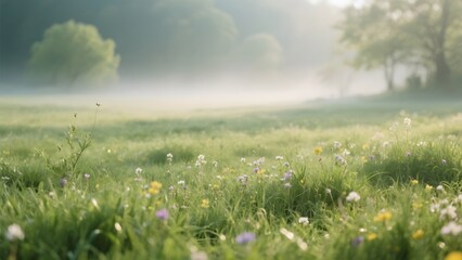 Misty Morning in a Lush Meadow with Wildflowers and Trees