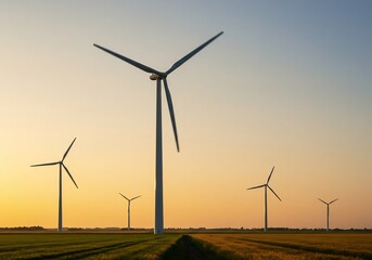 Majestic Wind Turbines at Golden Sunset over Fields