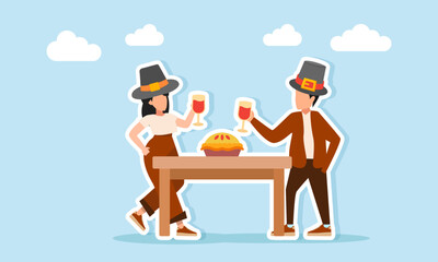 Man and woman wearing hats toasting with drinking glasses near a table with pie illustration of appreciation for Thanksgiving Day celebration