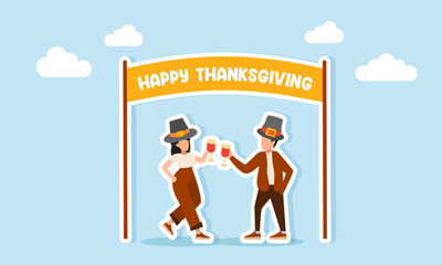 Man and woman wearing hats toasting with drinking glasses under a banner gate that says HAPPY THANKSGIVING illustration of appreciation for Thanksgiving Day celebration