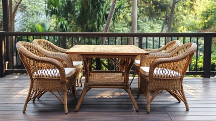 Obraz premium Outdoor patio set with rattan chairs and wooden table