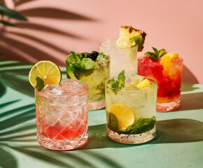 Refreshing summer cocktails with fruit and ice on a tropical background