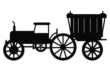 Vintage Tractor and Wagon Silhouette Black Farm Vehicle with OpenTop Cargo Trailer Illustration