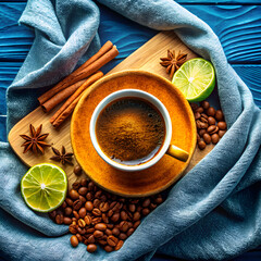 top view of a cup of coffee and beans ground cinna