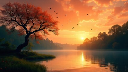 Fototapeta premium Golden Hour Serenity Tree Reflects in Tranquil Water Under a Sky Filled with Flying Birds
